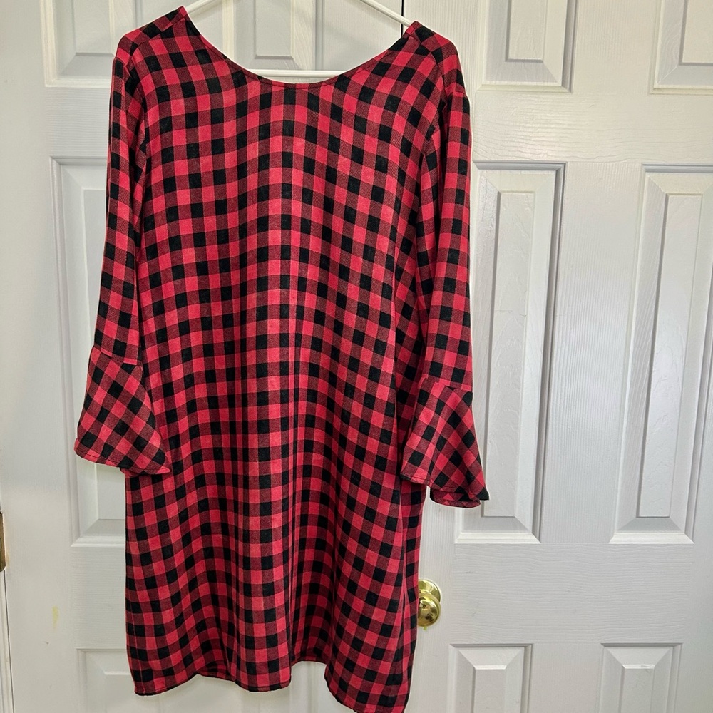 Cloth & Stone Anthopologie Red & Black Check Flutter Cuff Long Sleeve Dress Sz L